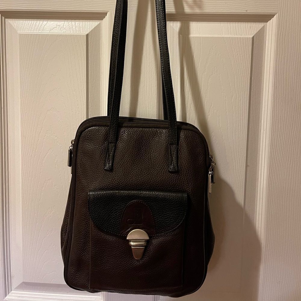 Joanel Argentina Vintage Brown Black Leather Shoulder Bag.Brass hardware.